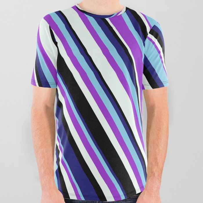 Vibrant Midnight Blue, Sky Blue, Dark Orchid, Mint Cream, and Black Colored Lined/Striped Pattern All Over Graphic Tee
