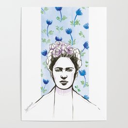 Frida Kahlo portrait  Floral watercolor blue green purple Poster