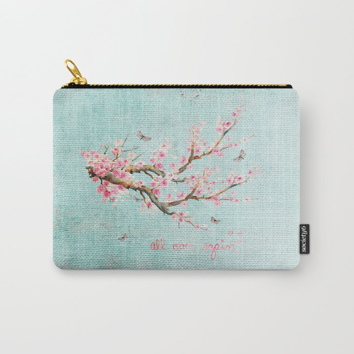 Its All Over Again - Romantic Spring Cherry Blossom Butterfly Illustration on Teal Watercolor Carry-All Pouch