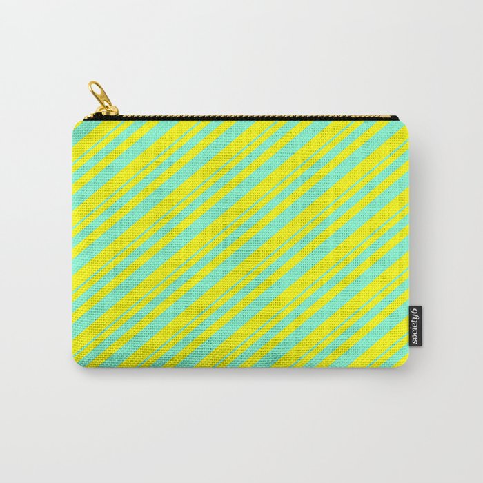 Aquamarine and Yellow Colored Lined/Striped Pattern Carry-All Pouch