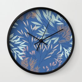 Floral Branches on Blue Botanical Pattern Wall Clock