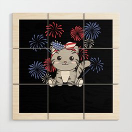 4th Of July American Cat For Kids Usa Fireworks Wood Wall Art