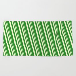 [ Thumbnail: Light Yellow and Forest Green Colored Lines/Stripes Pattern Beach Towel ]