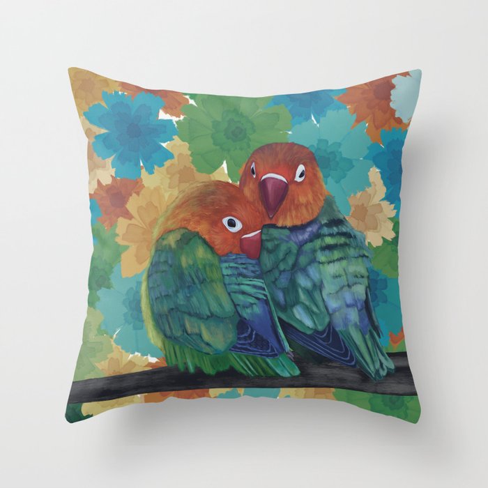 Two Colorful Lovebirds - colorful Flowers Throw Pillow