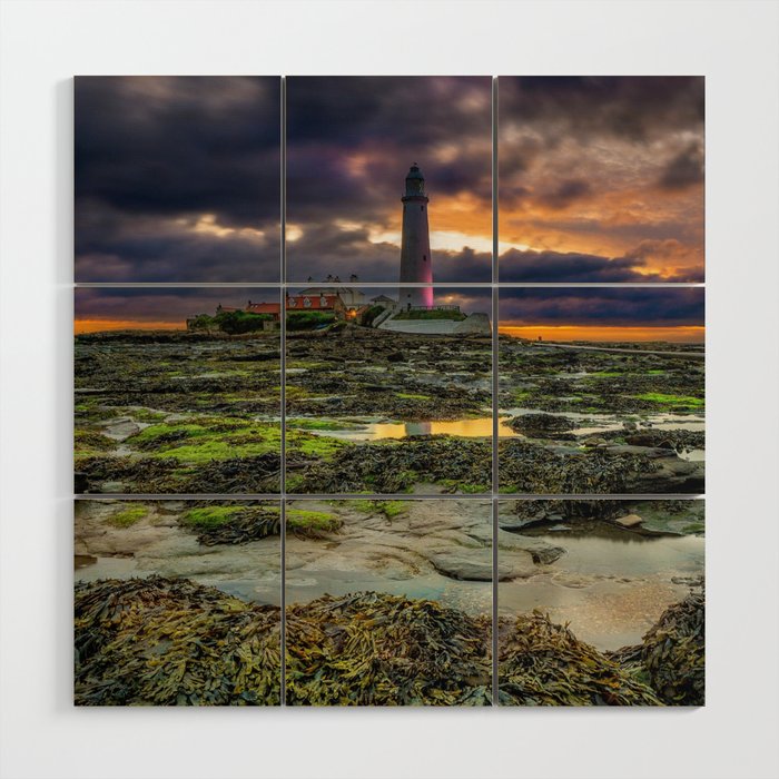 Lighthouse sunset; purple hues at low tide coastal color photograph / photography Wood Wall Art