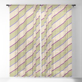 [ Thumbnail: Dark Khaki, Slate Blue, Tan & Purple Colored Striped/Lined Pattern Sheer Curtain ]