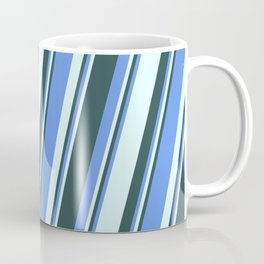 [ Thumbnail: Cornflower Blue, Light Cyan, and Dark Slate Gray Colored Pattern of Stripes Coffee Mug ]
