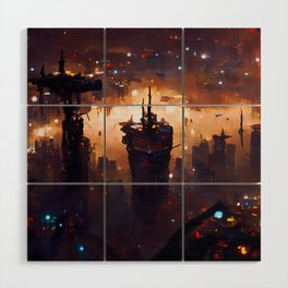 Postcards from the Future - Cyberpunk Cityscape Wood Wall Art