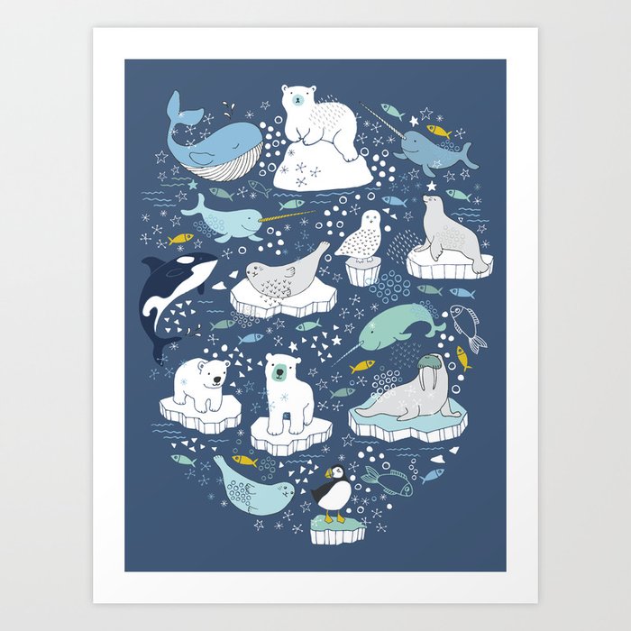 Arctic Animals - cute animals on navy Art Print
