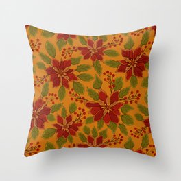 Festive Poinsettias in Ruby Red and Olive Green on Light Orange Background Throw Pillow