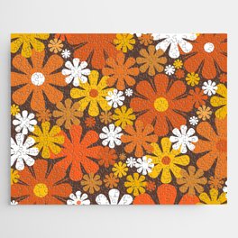 Retro 60s 70s Aesthetic Floral Pattern in 1970s Brown Orange Yellow White Jigsaw Puzzle