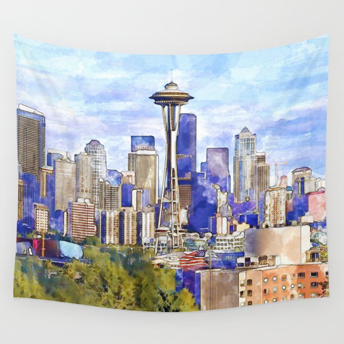 Seattle View in watercolor Wall Tapestry