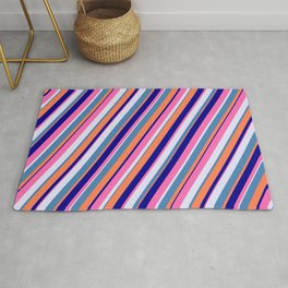 [ Thumbnail: Colorful Lavender, Blue, Coral, Dark Blue, and Hot Pink Colored Lines/Stripes Pattern Rug ]