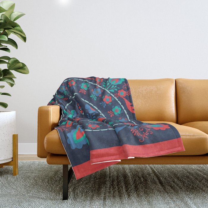 Folk Flowers with Red Border Throw Blanket