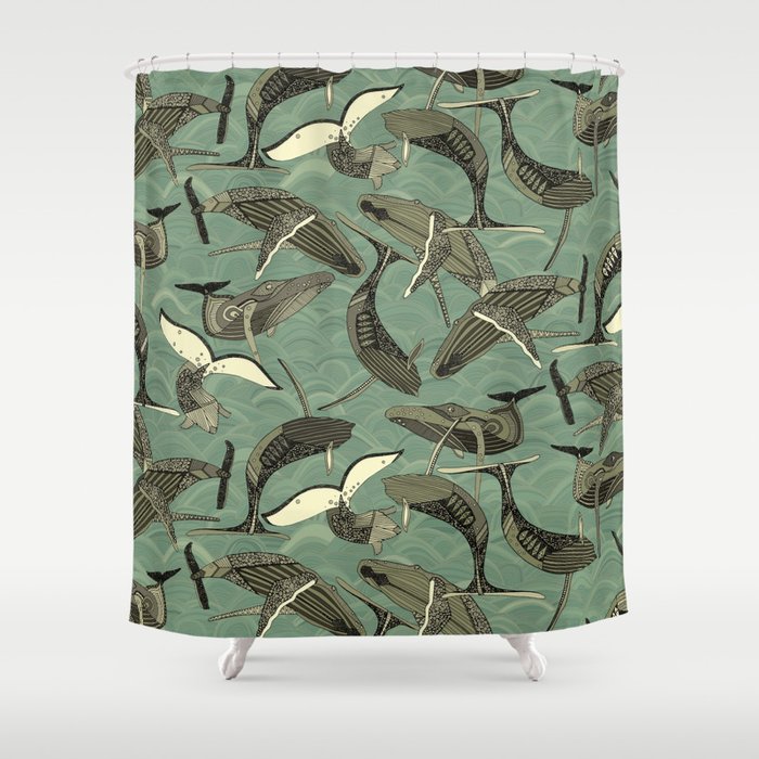 whales and waves aqua Shower Curtain