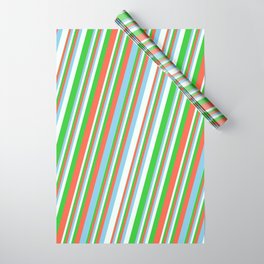 [ Thumbnail: Red, Sky Blue, Mint Cream, and Lime Green Colored Pattern of Stripes Wrapping Paper ]