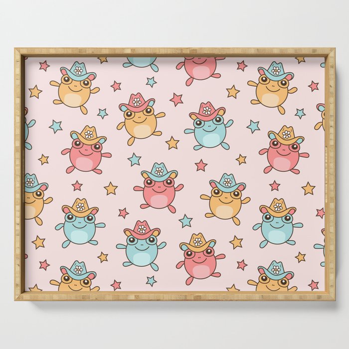 Jumping Cowboy Frogs, Cute Happy Frog with Hat Fun Pattern Serving Tray
