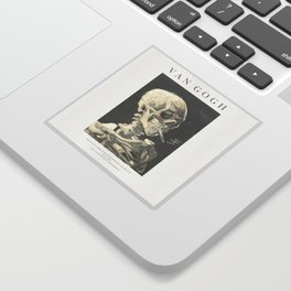 Vincent Van Gogh - Skull of a skeleton with burning cigarette (version with text & dark background) Sticker