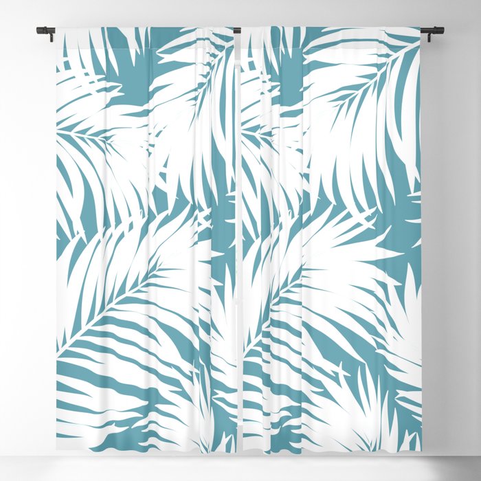 Palm Tree Fronds White on Soft Blue Hawaii Tropical Décor Blackout Curtain