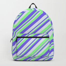 [ Thumbnail: Green, Medium Slate Blue, and Lavender Colored Lines Pattern Backpack ]