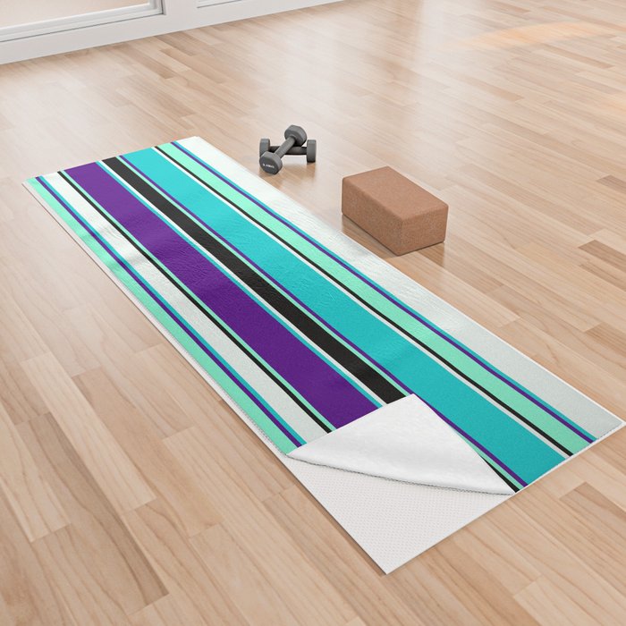 Mint Cream, Dark Turquoise, Indigo, Aquamarine, and Black Colored Striped/Lined Pattern Yoga Towel