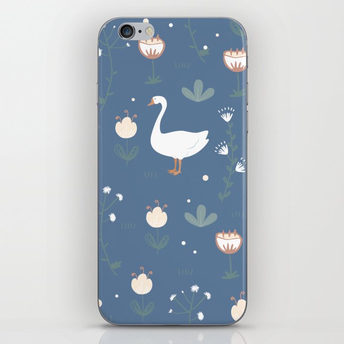 Cute Spring Doodle Goose and Flowers On Slate Blue iPhone Skin