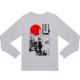 Tokyo street sunrise Long Sleeve T Shirt | Curated, Risingsun, Twilight, East, Architecture, Kyoto, Illustration, Street, Sunset, Drawing 