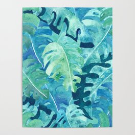 Monstera Leaves | Watercolor Collage in Blue Green Poster