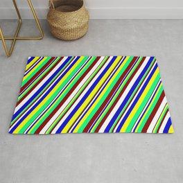 [ Thumbnail: Maroon, White, Blue, Yellow & Green Colored Striped Pattern Rug ]