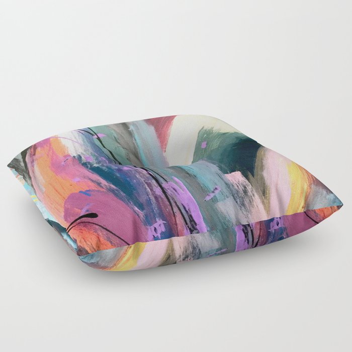Eye of the Beholder [4]: a colorful, vibrant abstract in purples, blues, orange, pink, and gold Floor Pillow