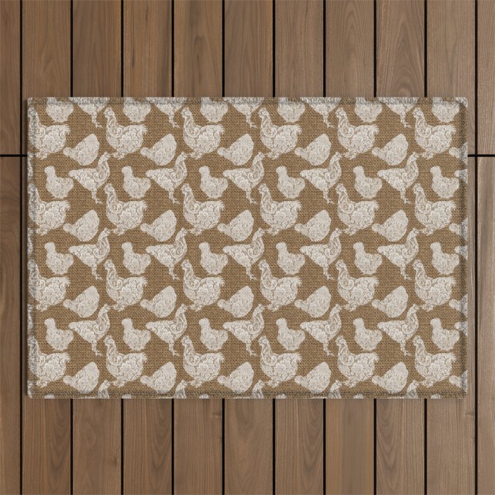 Rustic Farmhouse Country Chicken Burlap and Lace Outdoor Rug