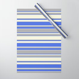 [ Thumbnail: Beige, Dark Grey & Royal Blue Colored Pattern of Stripes Wrapping Paper ]
