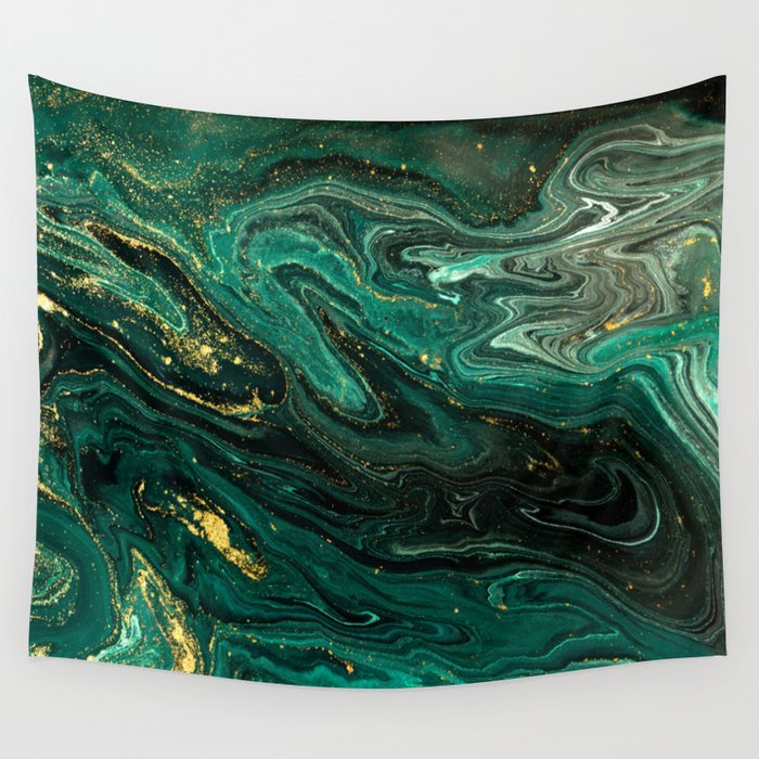Abstract Pour Painting Liquid Marble Dark Green Teal Painting Gold