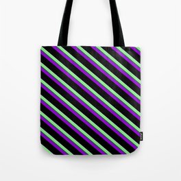 [ Thumbnail: Colorful Light Green, Dark Slate Gray, Dark Violet, Black, and Light Cyan Colored Stripes Pattern Tote Bag ]