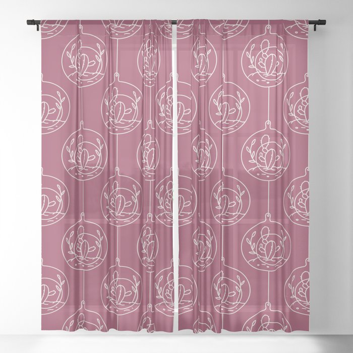 Plum and White Hanging Cactus Pattern Sheer Curtain