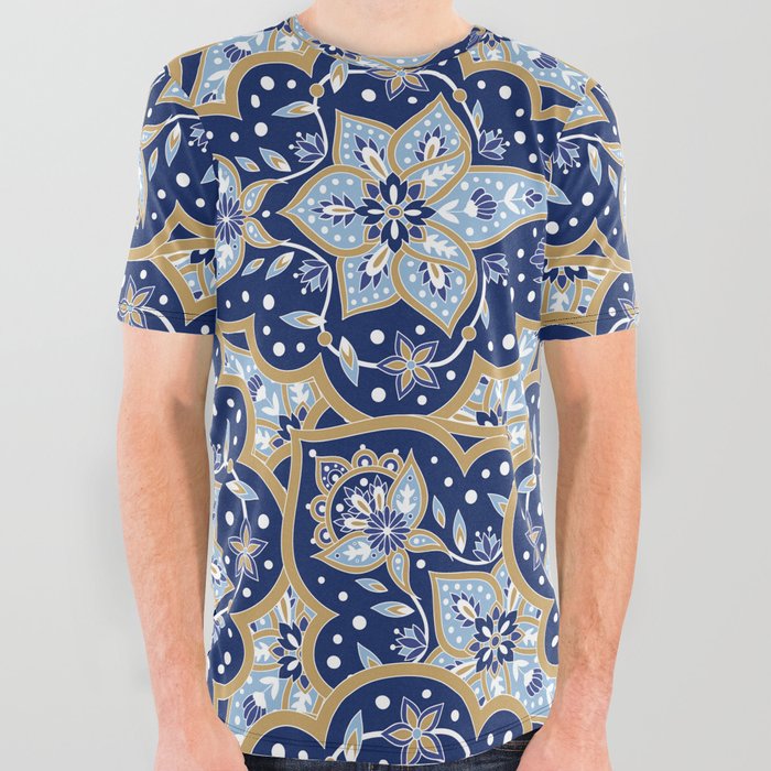 Ornamental Ethnic Bohemian Pattern XVII Navy Gold All Over Graphic Tee