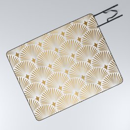 Art Deco Pattern. Seamless white and gold background. Metallic shells or scales lace ornament. Minimalistic geometric design. Vintage lines. 1920-30s motifs. Luxury vintage wedding decoration Picnic Blanket