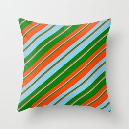 [ Thumbnail: Red, Sky Blue, and Green Colored Stripes/Lines Pattern Throw Pillow ]