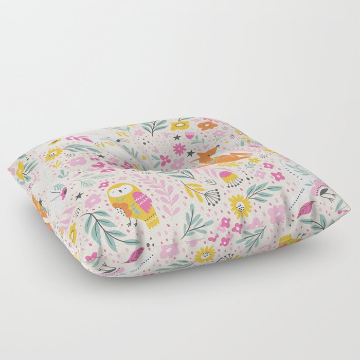 Foxes and Rabbits with Flowers and Ornamental Leaves Floor Pillow