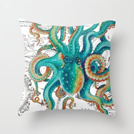 Teal Octopus Tentacles Vintage Map Nautical Throw Pillow