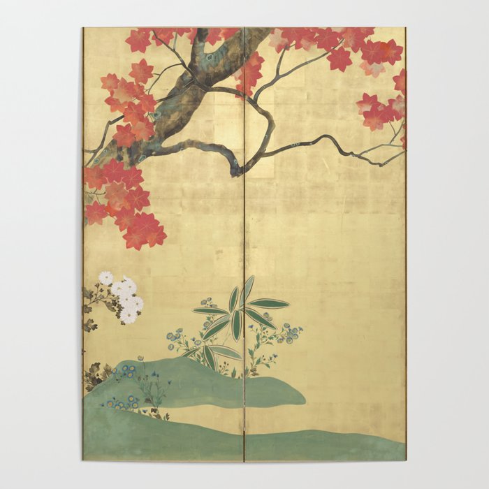 Maple Tree Japanese Edo Period Six-Panel Gold Leaf Screen Poster