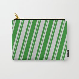[ Thumbnail: Forest Green and Light Gray Colored Stripes Pattern Carry-All Pouch ]