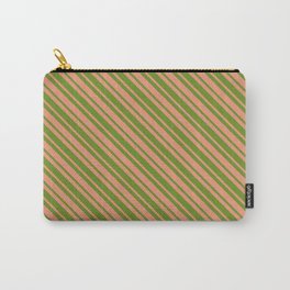 [ Thumbnail: Dark Salmon and Green Colored Lined Pattern Carry-All Pouch ]