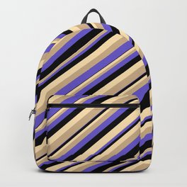 [ Thumbnail: Tan, Slate Blue, Black, and Beige Colored Stripes/Lines Pattern Backpack ]