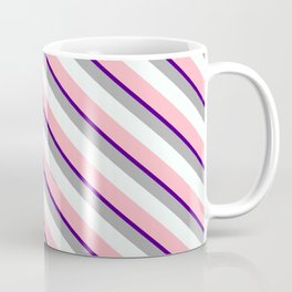 [ Thumbnail: Indigo, Dark Grey, Mint Cream, and Light Pink Colored Lines Pattern Coffee Mug ]
