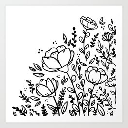 Black and white floral drawing Art Print