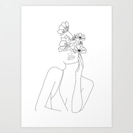 Minimal Line Art Woman with Flowers Kunstdrucke