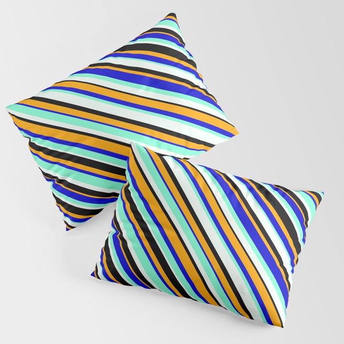 Vibrant Mint Cream, Black, Orange, Blue & Aquamarine Colored Lined/Striped Pattern Pillow Sham