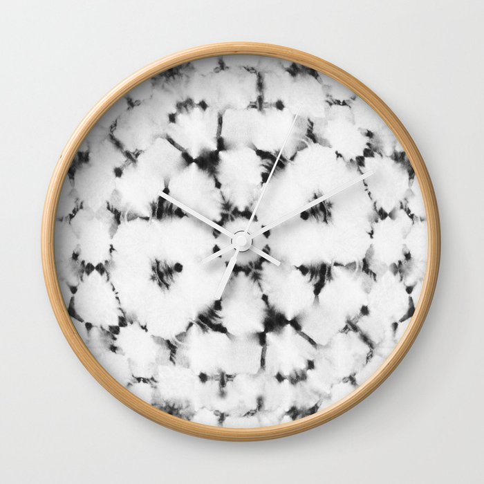 Black and white spots shibori tie dye Wall Clock