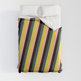 [ Thumbnail: Dark Slate Gray, Yellow, Light Pink & Black Colored Lined/Striped Pattern Duvet Cover ]